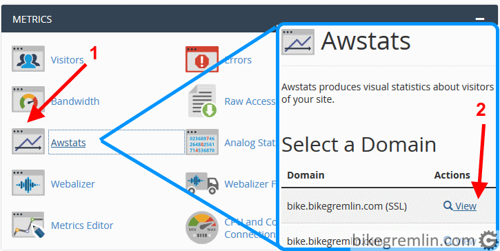 Click on “Awstats” (1), then on Your website “View” (2) Picture 1