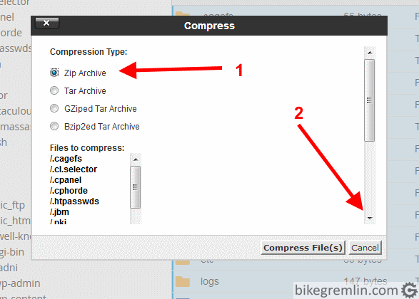 Choosing Zip Archive (1) and scrolling all the way down using the arrow (2). Picture 4