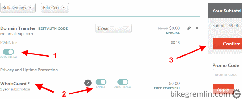 Choose automatic registry renewal (1), privacy protection for Whois enquiries (2) and finlaize the “purchase” of the domain registration (3) Picture 9