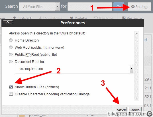 Activating display of hidden files within cPanel’s File Manager Picture 19