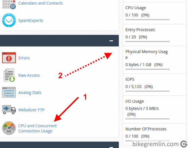 Choosing option for resource usage stats (1) and display of current usage (2) Picture 3