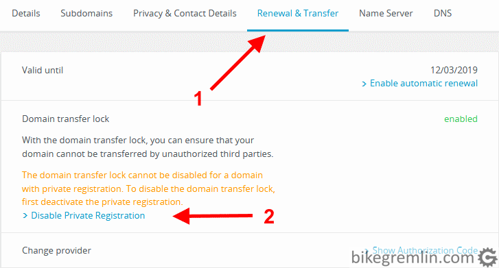 Disabling private registration (Whois privacy protection) Picture 2