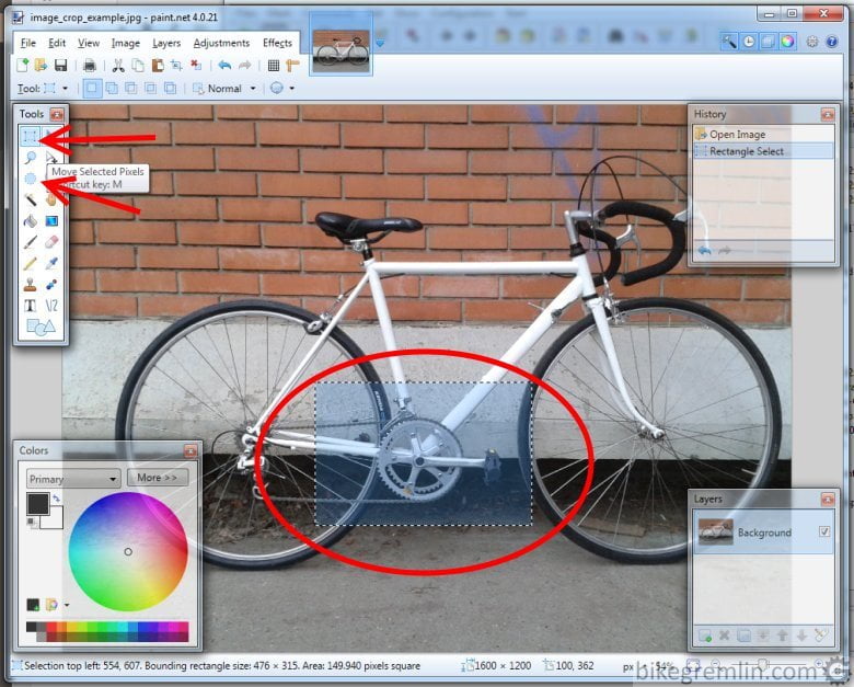 Choosing a rectangle select tool and marking the area to be cropped to.