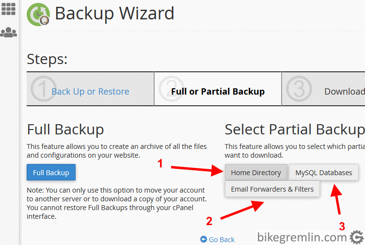 Choosing to backup all the files (1), e-mail accounts (2), or database (3) Picture 11