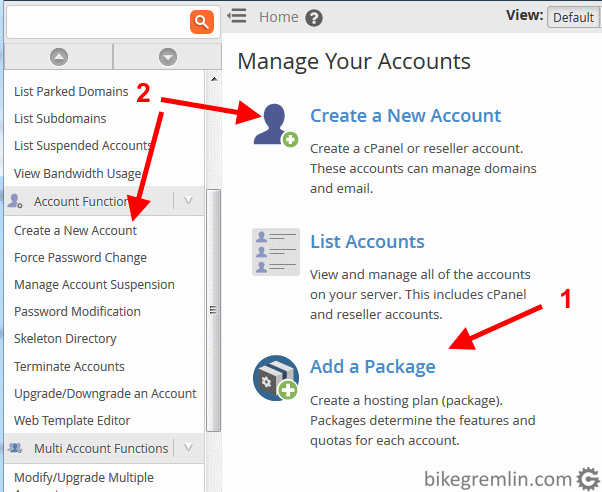 WHM options for creating a new package (1) and user (2) Picture 3