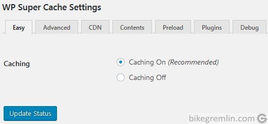 First setup page – enabling caching