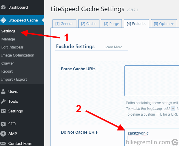 Excluding URL caching in LiteSpeed Cache