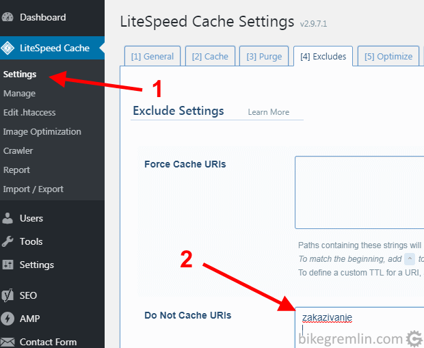 Isključivanje keširanja URL-a u LiteSpeed Cache