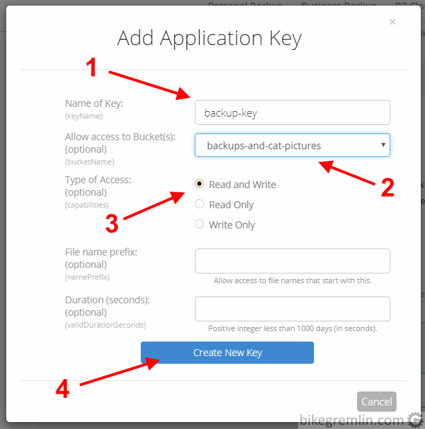 Enter the key name ("backup-key" in this example) (1) Choose which bucket it has access rights for (2) Chose what king of access rights it has (3) Click "Create New Key" (4) Picture 6