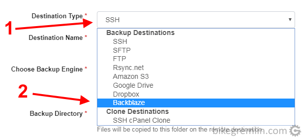 Click on "Destination Type" (1) Choosing "Backblaze" for this example (2) Picture 4