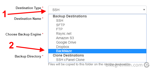 Kliknite na "Destination Type" (1) Biramo "Backblaze" za ovaj primer (2) Slika 4