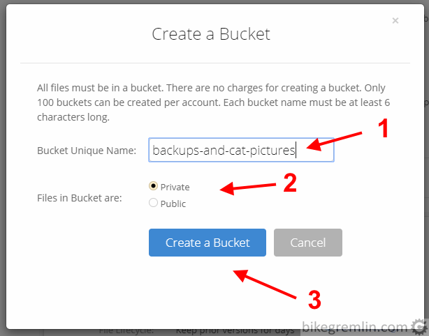 Enter a unique bucket name (1) Choose private, or public bucket type (2) Click "Create a Bucket" (3)