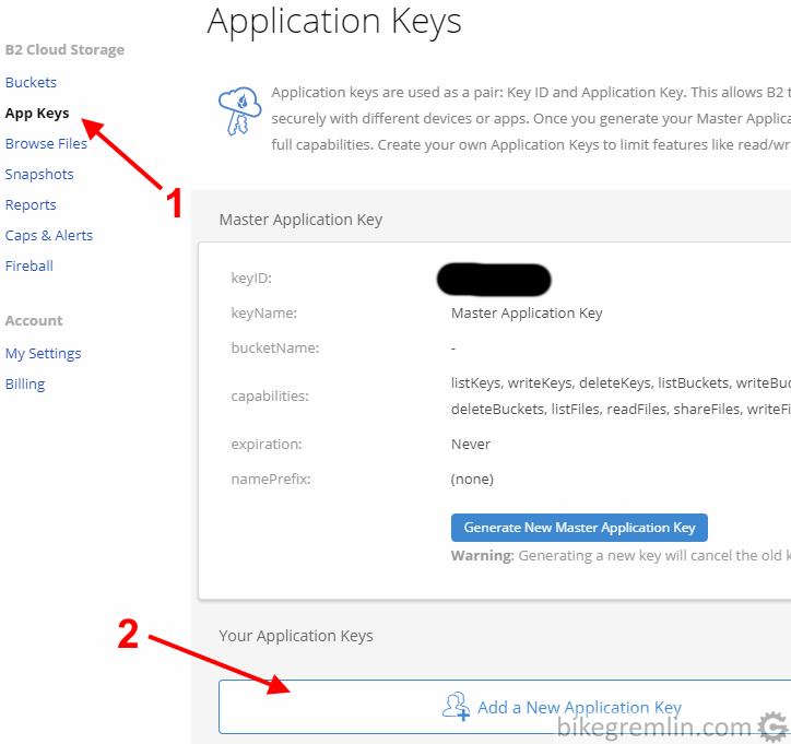 Kliknite na "App Keys" (1) Zatim na "Add a New Application Key (2) Slika 5