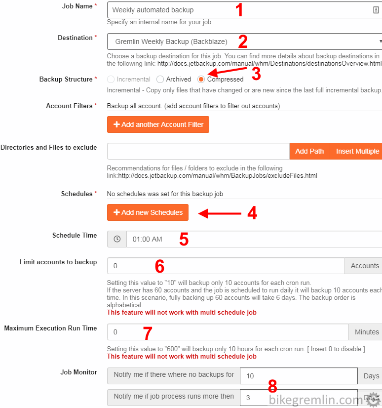 Give a descriptive name of the automated backup job (1) Choose a previously created backup destination (2) Choose compressed, to take up less disk space (3) "Add New Shcedules" will be explained later (4) Choose the hour:minute time when the job will be run (5) Max number of cPanel accounts to be backed up - "0" means as many as there are (6) Max backup job execution time - "0" means as long as it takes (7) Notifications in case of problems. For a weekly backup, 10 days of not completing is worrying (8) Read on the explanation for "Add New Schedules" before clicking save Picture 7