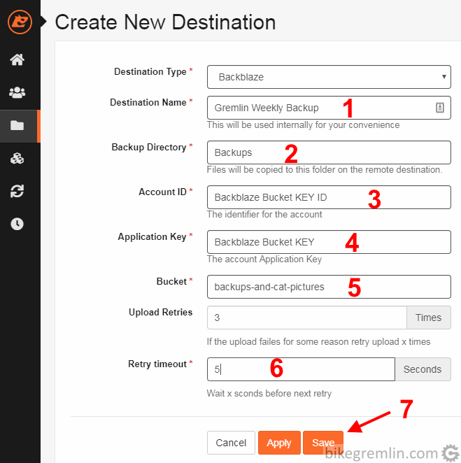 Name for your easier reference to this created destination - whatever you like(1) Previously created directory in Backblaze bucket - it has to exist (2) Previously written down Backblaze Bucket Key ID (3) Backblaze bucket Key (4) Previously created Backblaze storage bucket (5) The rest is self explanatory I think Picture 5