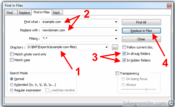 1. Choose the export directory (make sure all the files are unzipped and database is there too). 2. Enter the text for search and what to replace it with. 3. Make sure all the files and sub-directories are selected. 4. Start the search - replace process. Picture 16