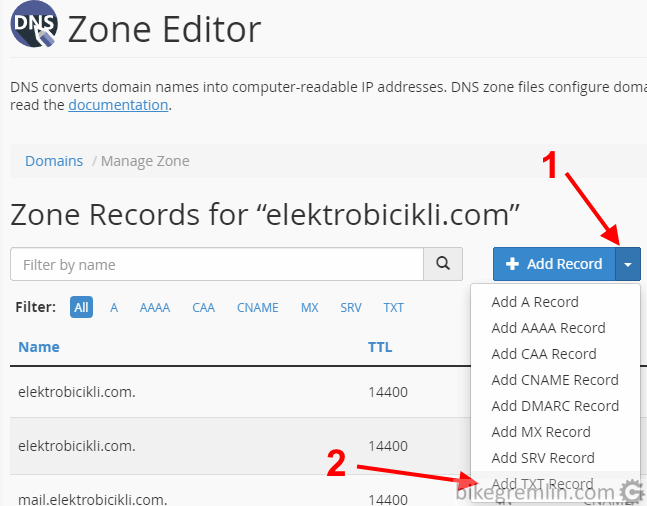 Click on "Add Record" (1) Select "Add TXT Record (2) Picture 3