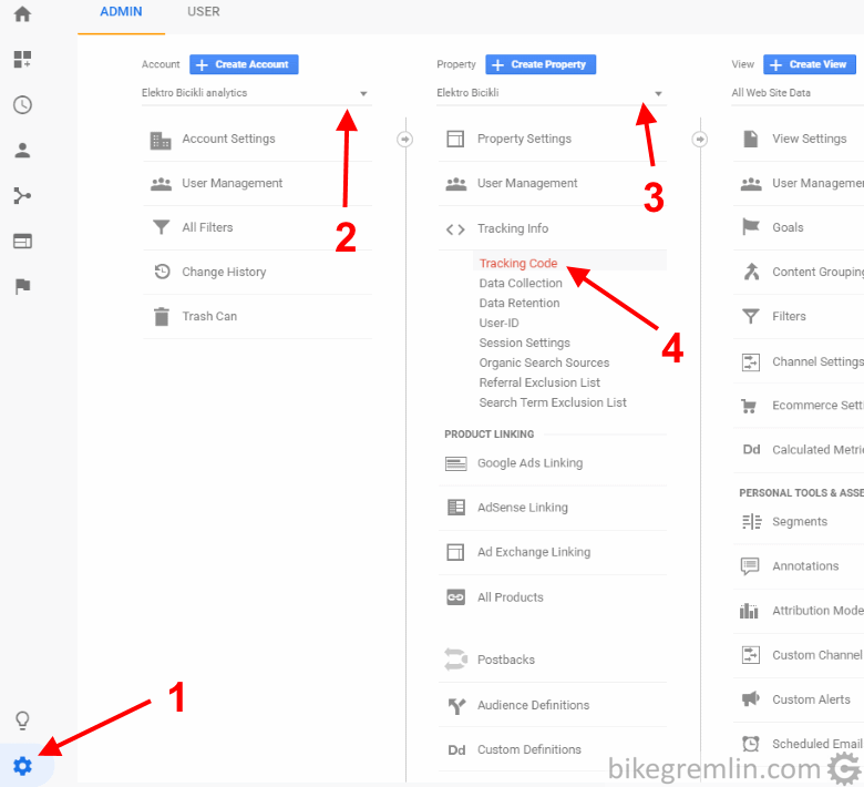 Click on the sprocket icon to open the Admin menu (1) Choose the account name (2) Choose the "property" (your website) (3) Click on "Tracking Code" (4) Picture 4