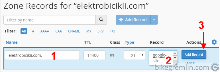 Enter your domain name in field (1) - elektrobicikli.com in this example. Copy/paste the verification code (2) Click on "Add Record" (3) Picture 4