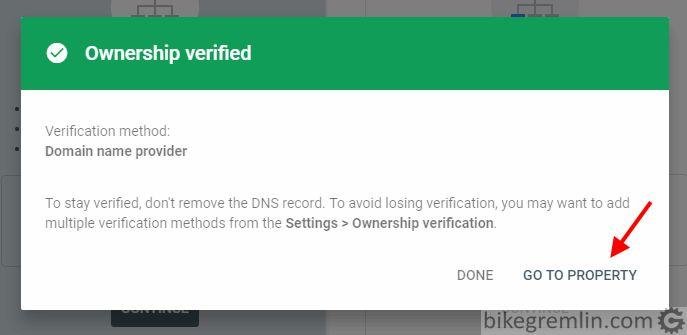 Successful domain verification Click "GO TO PROPERTY" Picture 5