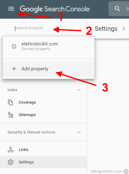 Click on a menu (1) Select drop-down menu for properties (2) Click "+ Add property" (3) Picture 6