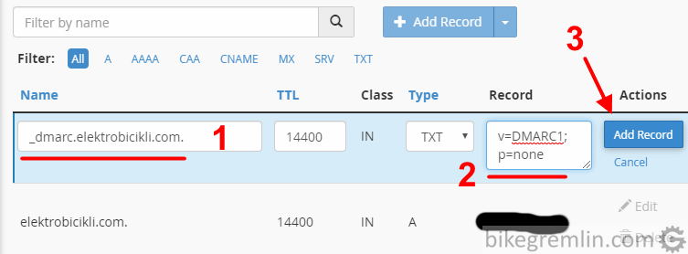 Dodavanje DMARC DNS polja: Uneti "_dmarc.vašdomen.com" (1) Vrednost: "v=DMARC1; p=none" (2) Kliknuti na "Add Record" (3) Slika 8