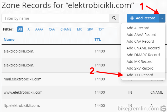 Kliknite "+ Add Record" (1) Izaberite "Add TXT Record" (2) Slika 7