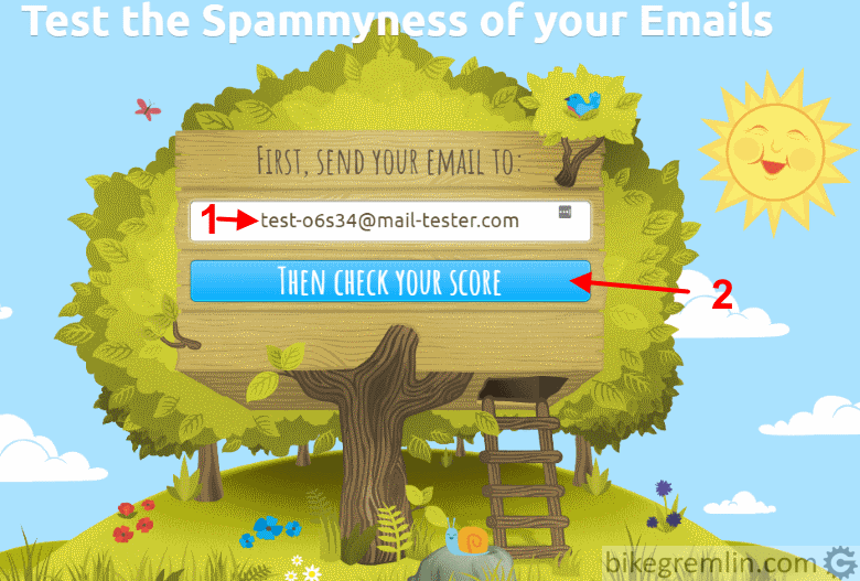 Kopirajte test adresu za probu iz Easy WP SMTP(1) NAKON što pošaljete test mejl, sačekajte par minuta, pa kliknite na "Then Check Your Score" (2) Slika 5