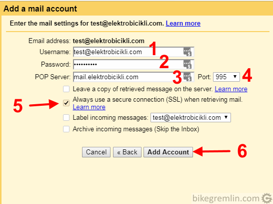 Unesite podatke na osnovu podešavanja vašeg SMTP naloga (1, 2, 3, 4) Ostale opcije izaberite kako je prikazano na slici (5) Kliknite na "Add Account" (6) Slika 12