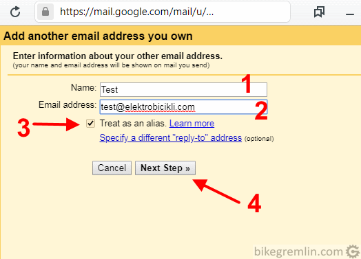 Enter the name you want displayed (1) Enter the e-mail address you'll be using (2) Check "Treat as an alias" (3) Click "Next Step" (4) Picture 4