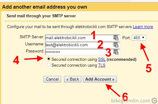 Unesite podatke svog SMTP naloga (server name, username, password) (1, 2, 3) Izaberite opciju kako je prikazana na slici (4) Izaberite port koji vaš SMTP server koristi (5) Kliknite na "Add Account" (6) Slika 5