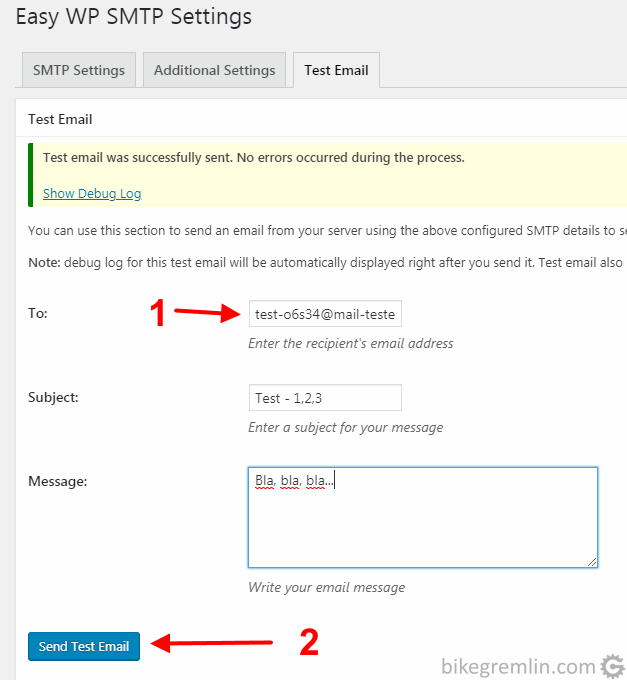 Unesite e-mail adresu koju vam je dao mail-tester.com (1) Kliknite na "Send Test Email" (2) Slika 6