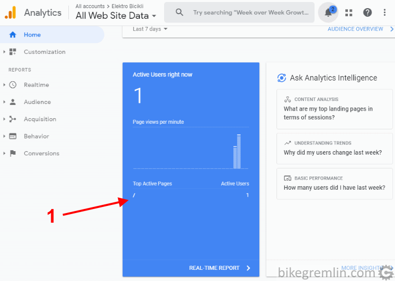 Testiranje da li Google Analytics radi. U ovom testu otvorio sam početnu stranicu sajta - (1) pokazuje root " / ". Slika 6