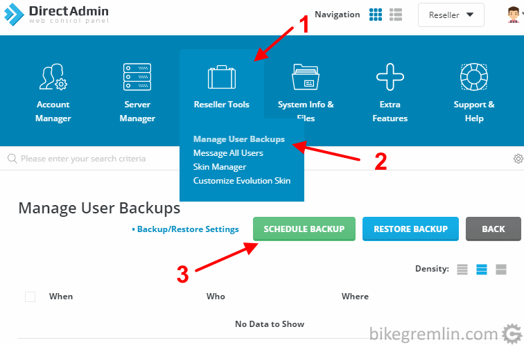 Opening the menu for automated backup setup