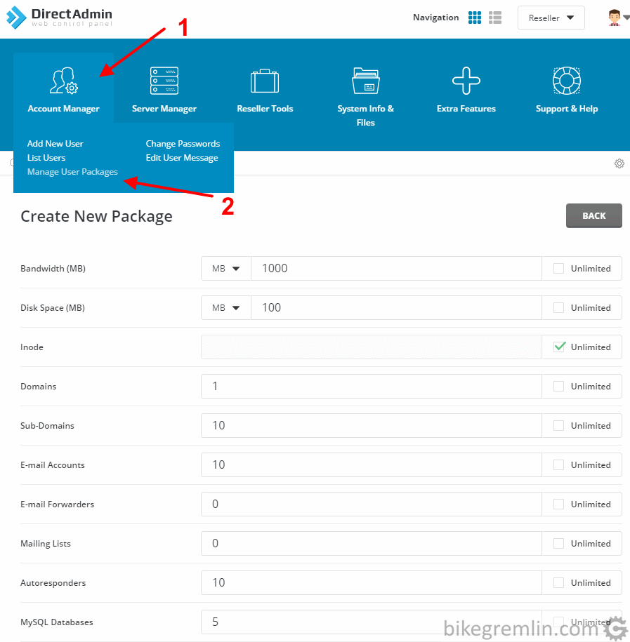 Choosing the option for creating a "reseller hosting package" in DirectAdmin