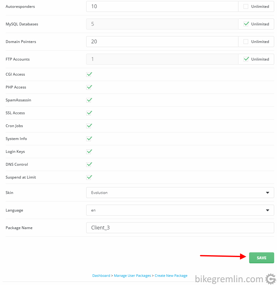 Setting up the package limits and naming it ("Client_3" in this example)