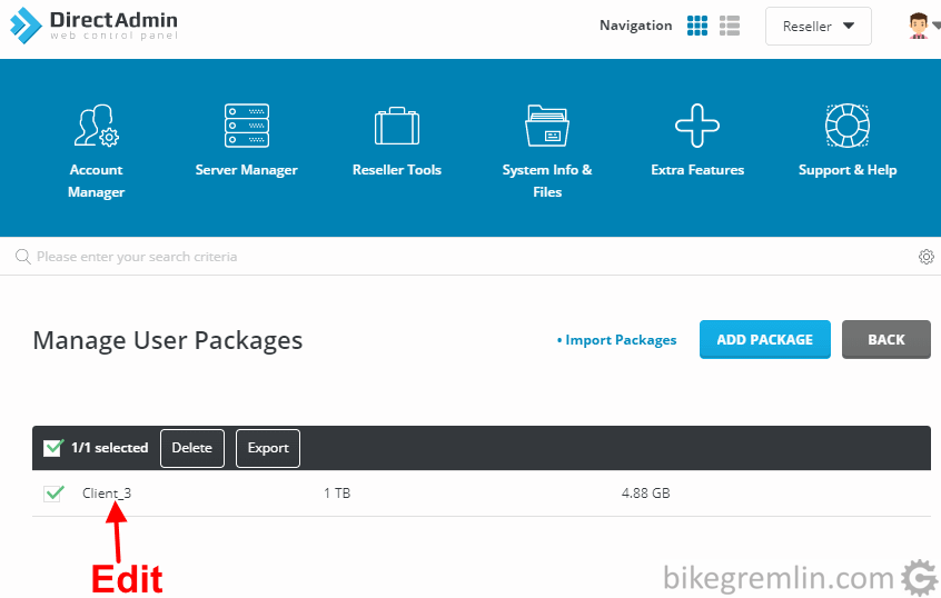 After a package has been created, editing it is not the most intuitive for those used to WHM: one needs to click on the package name to get the edit options (and see the currently set limits)