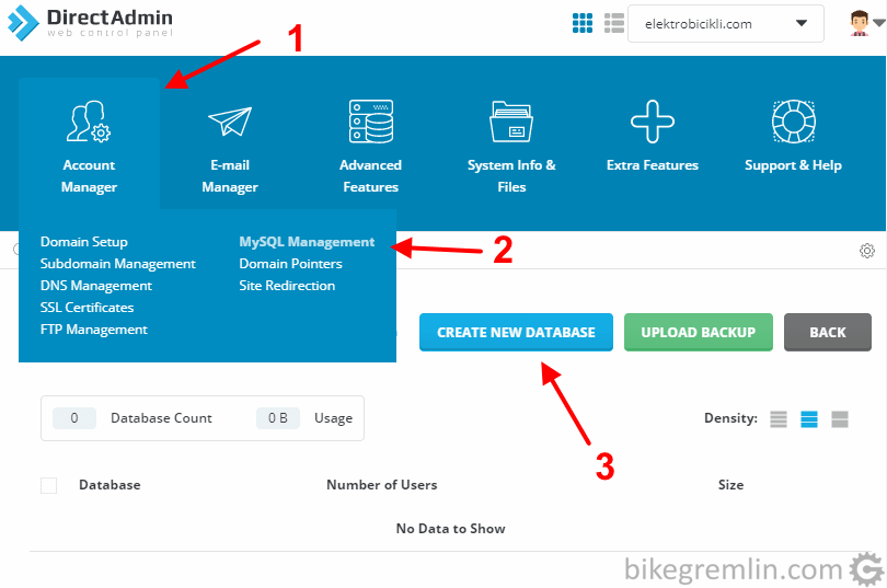Izbor opcije za kreiranje baze i korisnika iz glavnog DirectAdmin menija