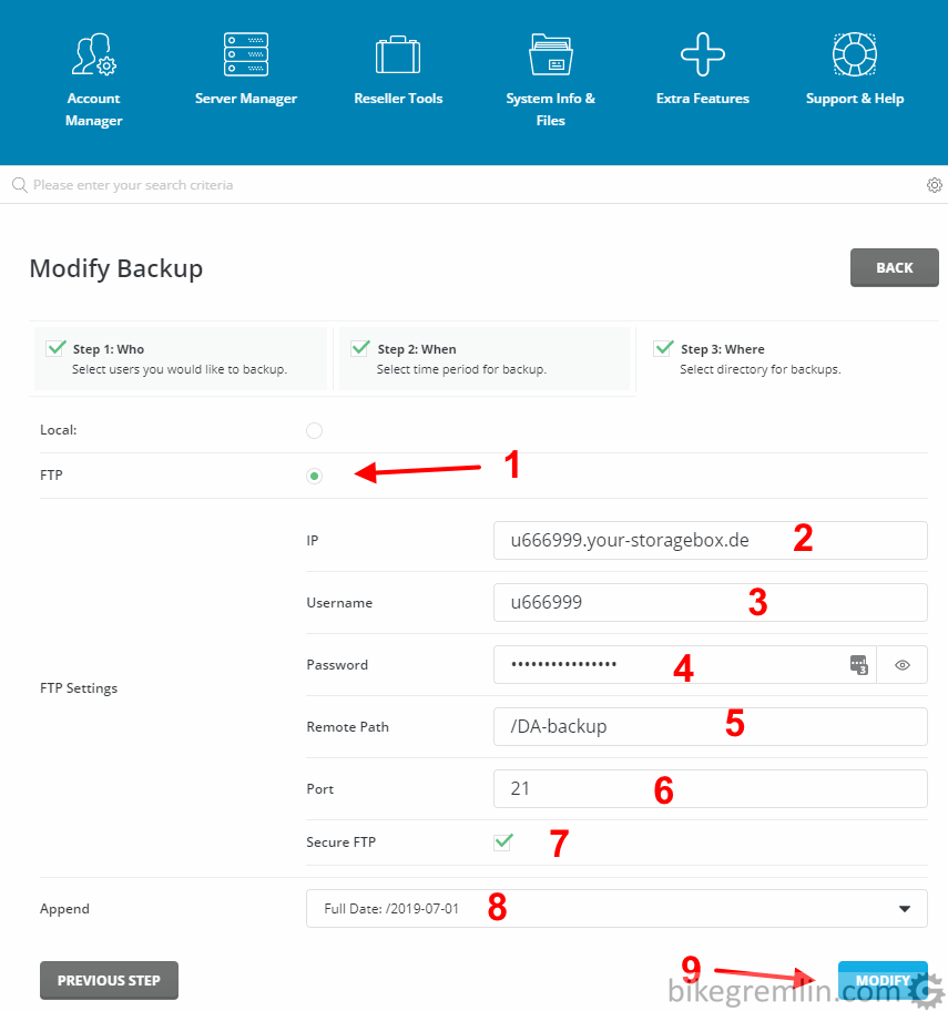 Setting up the ftp options for the automated backups