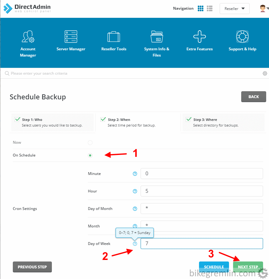 I chose to schedule the backups (1) and set them for weekly (2), before finally going to the last step (3)