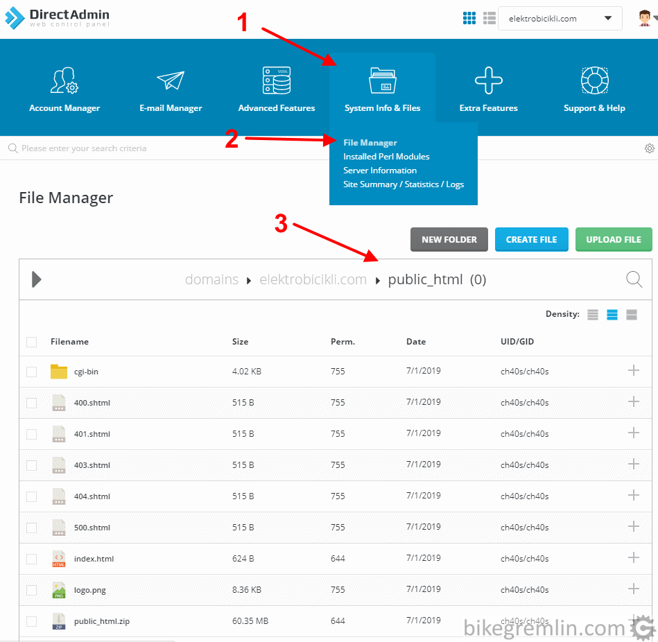 Otvaranje DirectAdmin fajl menadžera i odlazak u direktorijum public_html