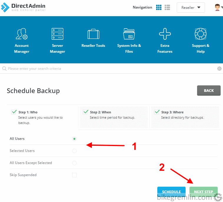 There are 3 steps. First one (1) is choosing which accounts to backup - take your pick, I chose "All Users" for this test