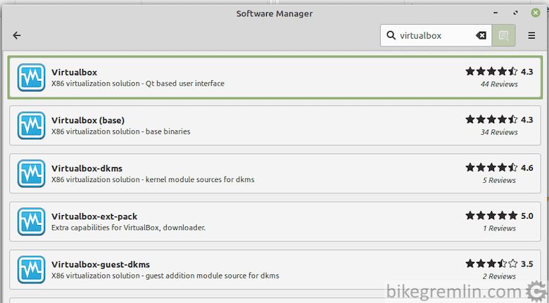 In Software Manager search for "virtualbox" and click on it to install. You will be asked to enter your root password for the installation to commence.
