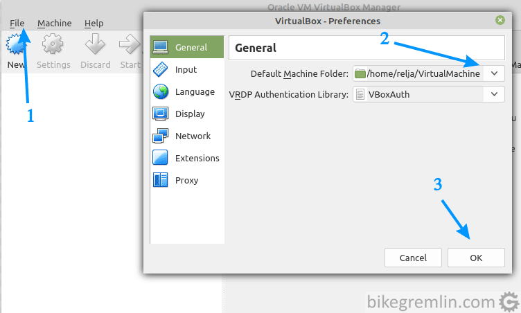 Idite na File-Preferences (1), izaberite VM direktorijum (2) i kliknite na "OK" (3)