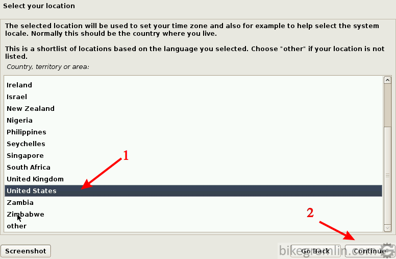 Choose your location (1) and click on "Continue" (2)