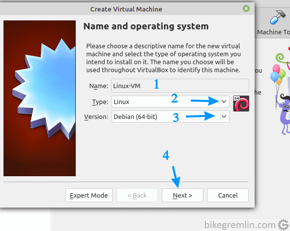 Choose a name for the VM (1), set the OS type it will be using (2) and OS version (3), then click "Next" (4)