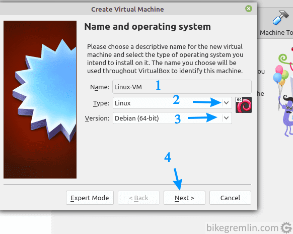 Izaberite ime za VM (1), vrstu OS-a koju će koristiti (2) i verziju OS-a (3), zatim kliknite "Next" (4)