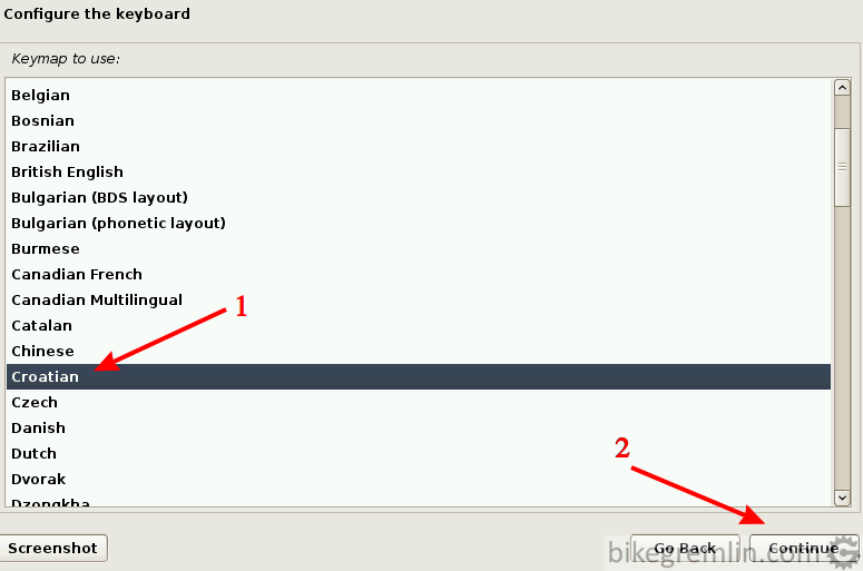 Choose desired keyboard layout (1) - I chose Croatian, then click "Continue" (2)