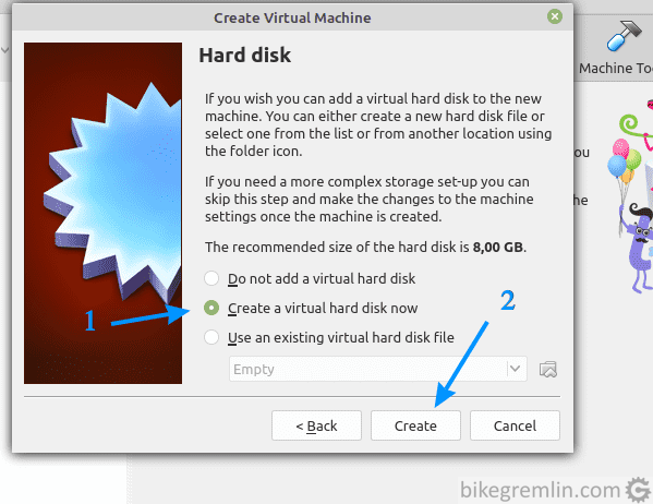 Trebalo bi kreirati novi virtuelni disk (1), ako ga niste već kreirali - klik na "Create" (2)