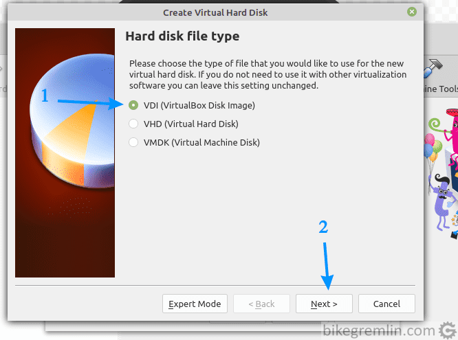 Choose the marked option (1) unless you have a very good reason to choose otherwise and click "Next" (2) VHD option is useful for remote VMs with slow network connections